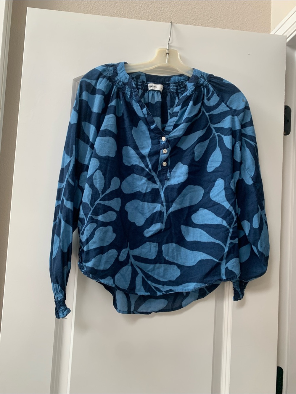 Sonoma Navy and Light Blue Botanical Print Peasant Blouse